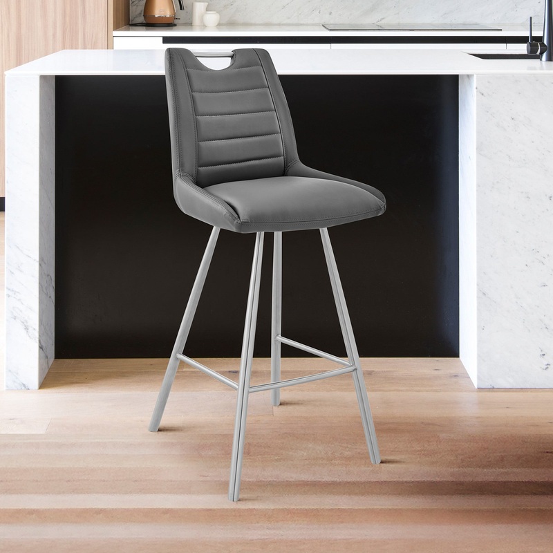 30" Grey Faux Leather and Brushed Stainless Steel Bar Stool By Homeroots