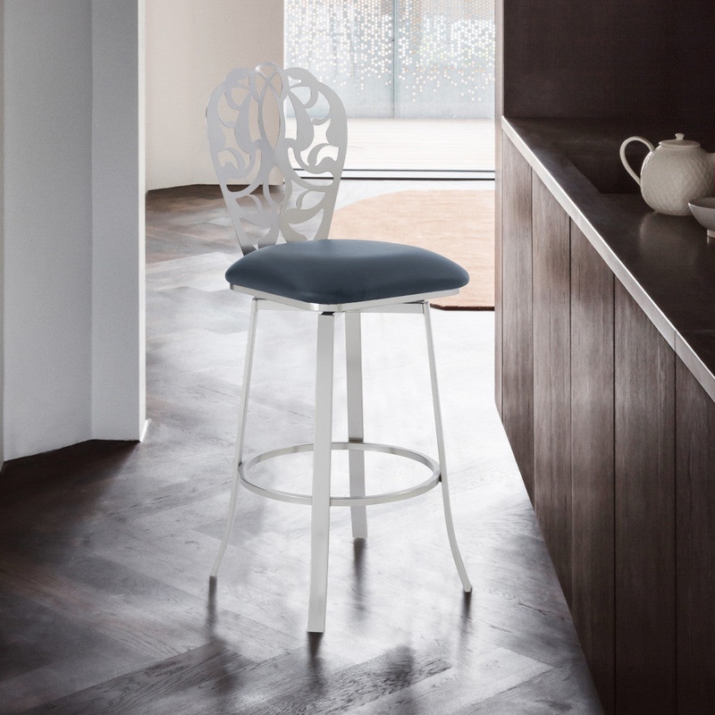 30" Grey Faux Leather Scroll Brushed Stainless Steel Swivel Bar Stool By Homeroots