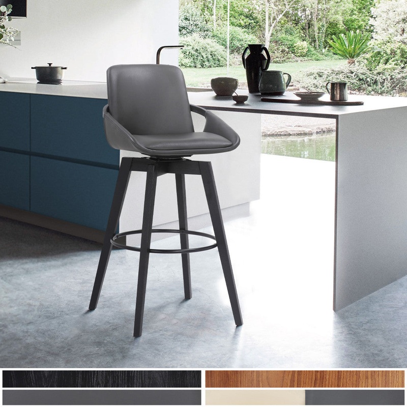 30" Luxurious Grey Faux Leather and Black Wood Swivel Bar Stool By Homeroots