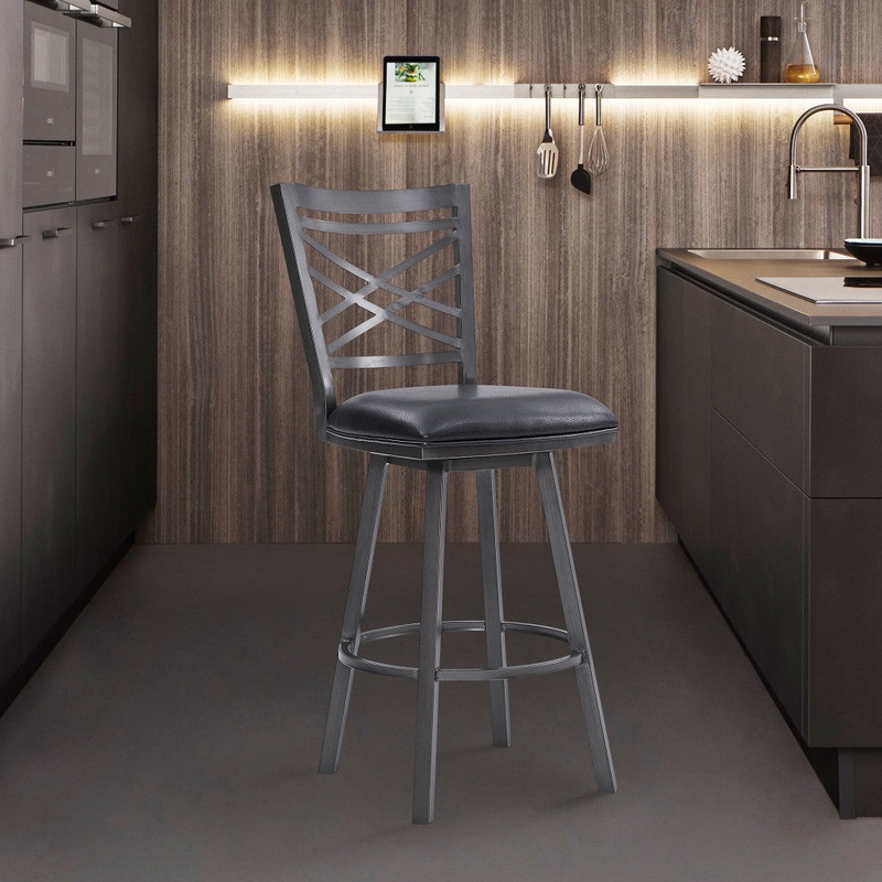 30" Transitional Black Faux Leather Metal Cross Back Bar Stool By Homeroots