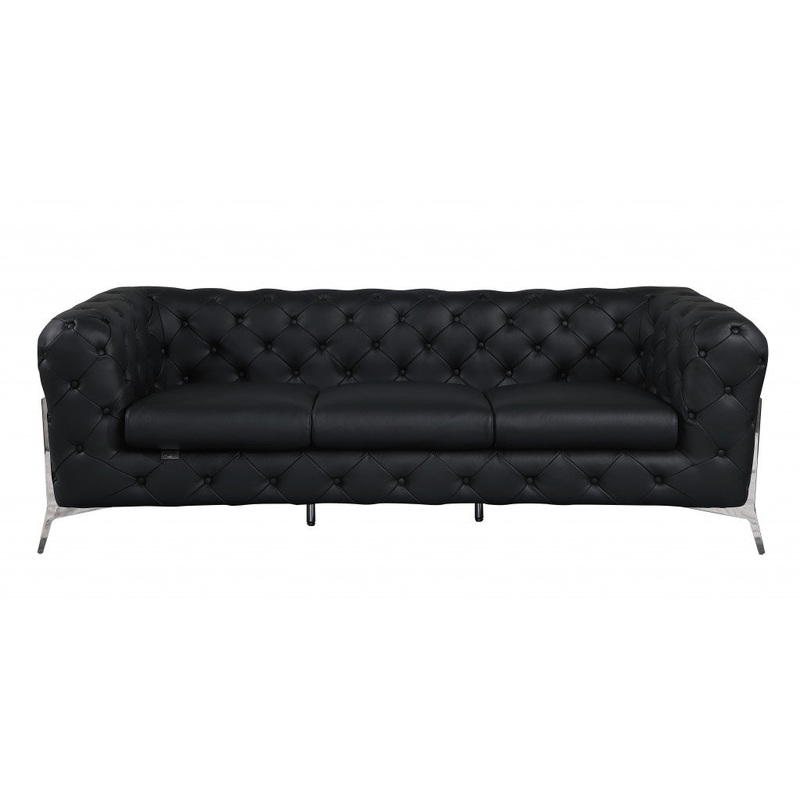 93" Black Genuine Tufted Leather and Chrome Standard Sofa By Homeroots