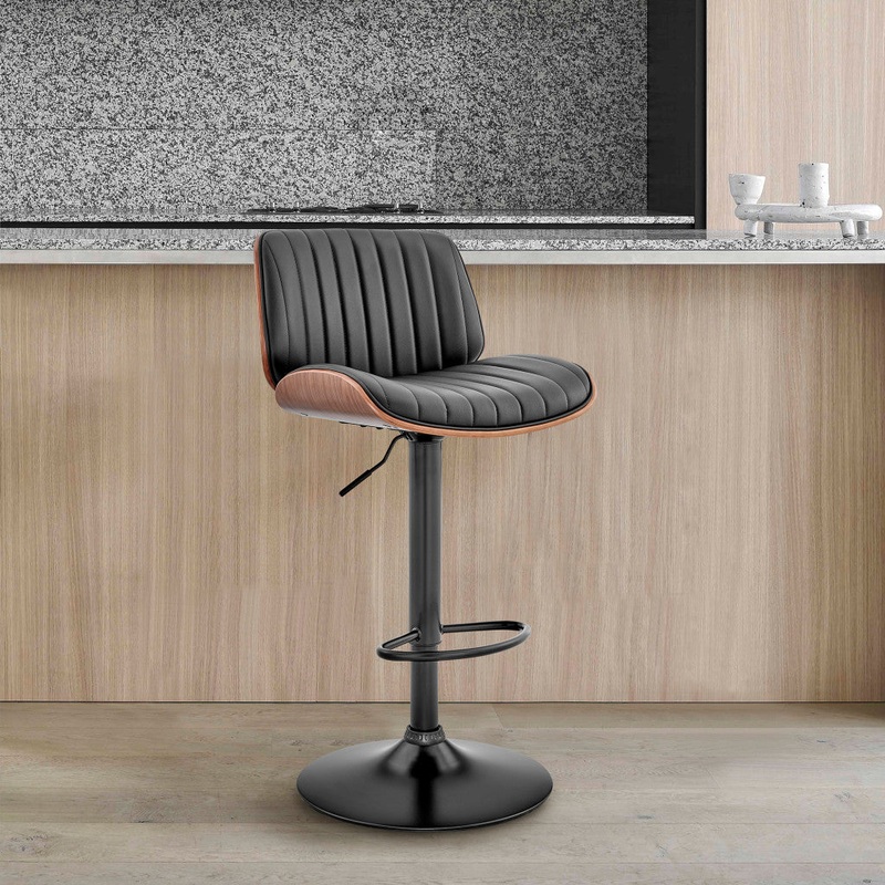 Adjustable Black Faux Leather Black Steel and Walnut Bar Stool By Homeroots