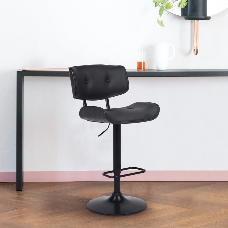 Adjustable Black Tufted Faux Leather and Black Wood Swivel Barstool. By Homeroots