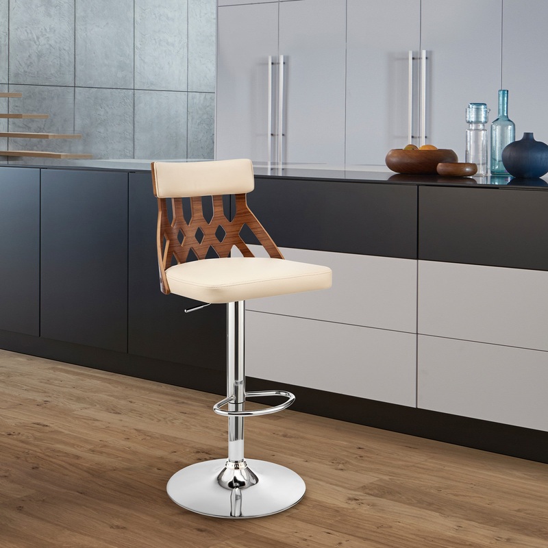 Adjustable Cream Faux Leather and Walnut Lattice Bar Stool By Homeroots