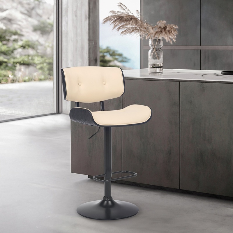 Adjustable Cream Tufted Faux Leather and Black Wood Swivel Barstool. By Homeroots