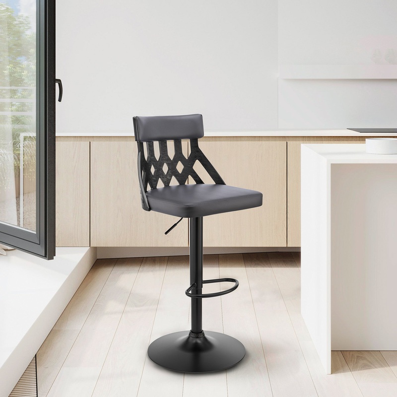 Adjustable Gray Faux Leather and Black Lattice Bar Stool By Homeroots