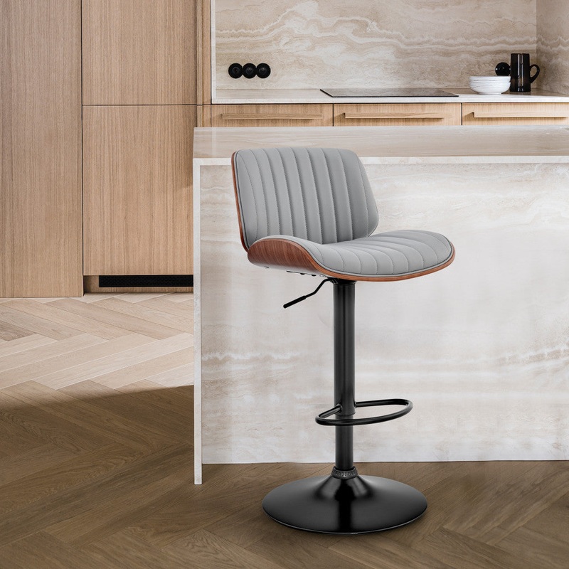 Adjustable Gray Faux Leather Black Steel and Walnut Bar Stool By Homeroots