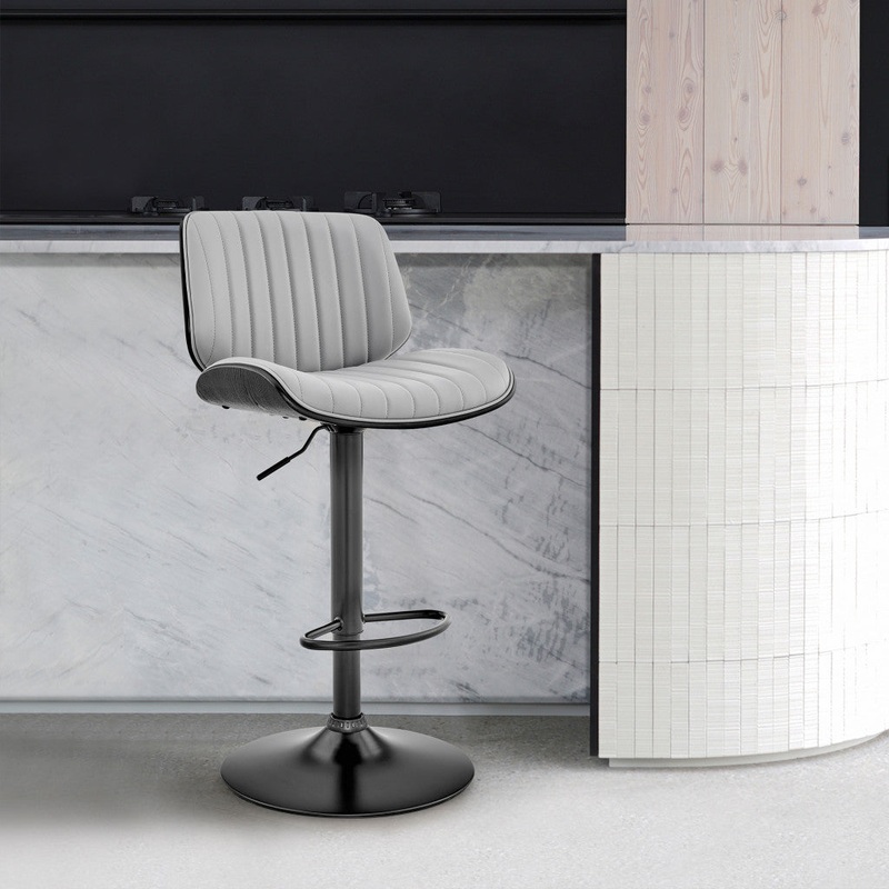 Adjustable Gray Faux Leather Black Steel and Wood Bar Stool By Homeroots