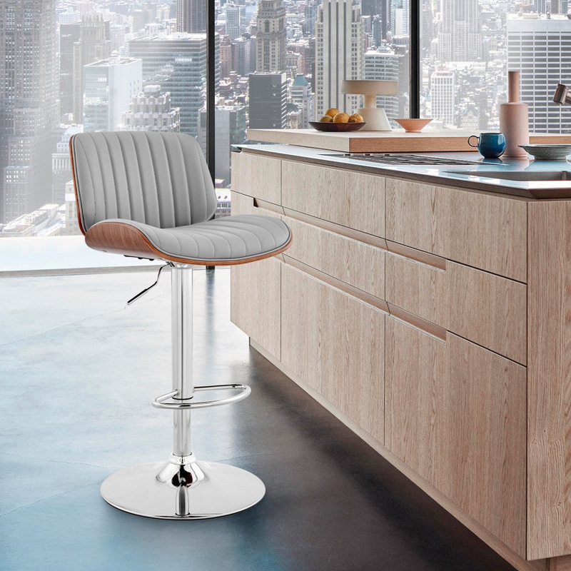 Adjustable Gray Faux Leather Chrome and Walnut Bar Stool By Homeroots