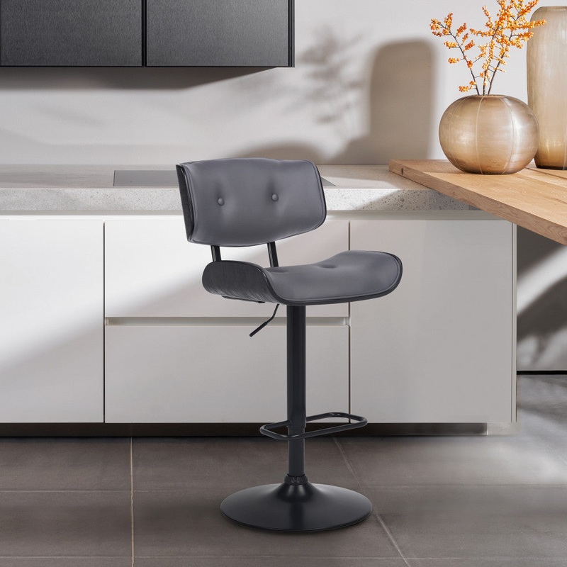 Adjustable Gray Tufted Faux Leather and Black Wood Swivel Barstool. By Homeroots