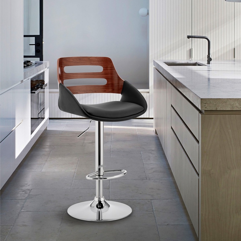 Black Faux Leather and Walnut Wood Adjustable Bar Stool By Homeroots