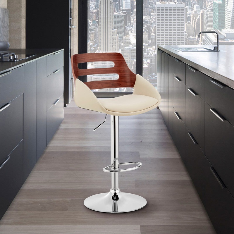 Cream Faux Leather and Walnut Wood Adjustable Bar Stool By Homeroots