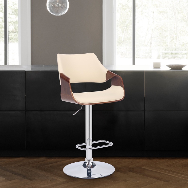 Cream Faux Leather and Walnut Wood and Chrome Swivel Adjustable Bar Stool By Homeroots