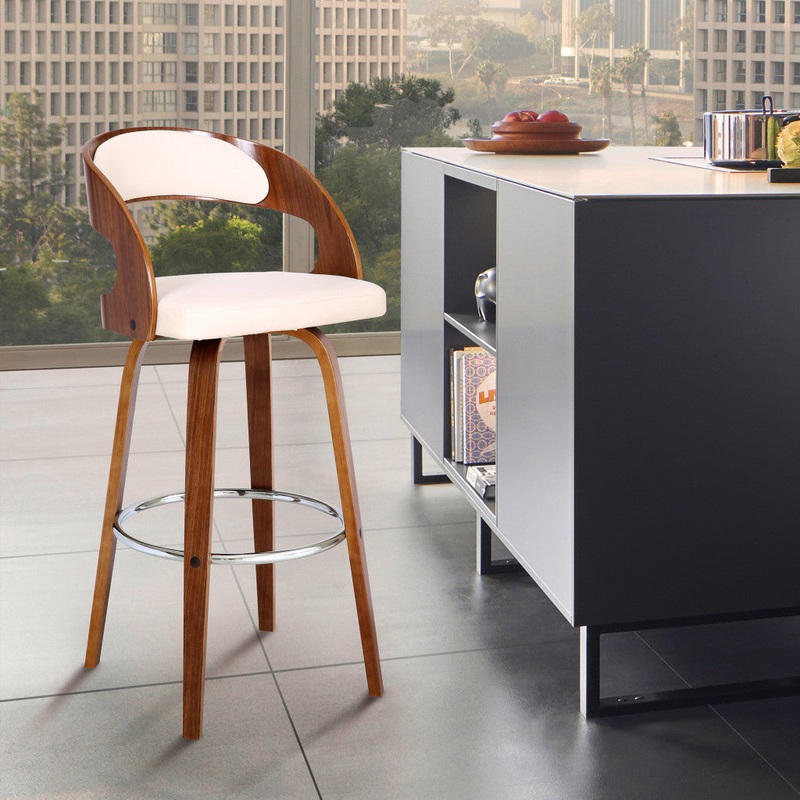 Cream Faux Leather Modern Walnut Wooden Bar Stool By Homeroots