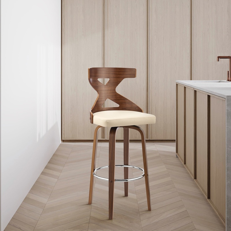 Gayle 30" Swivel Cross Back Cream Faux Leather and Walnut Wood Bar Stool By Homeroots