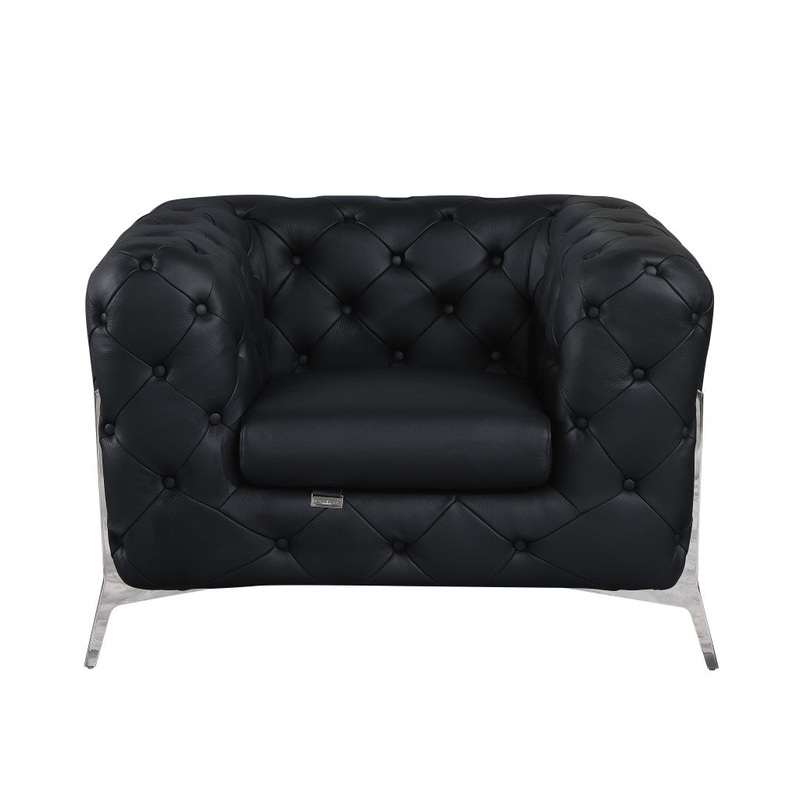Glam Black and Chrome Tufted Leather Armchair By Homeroots