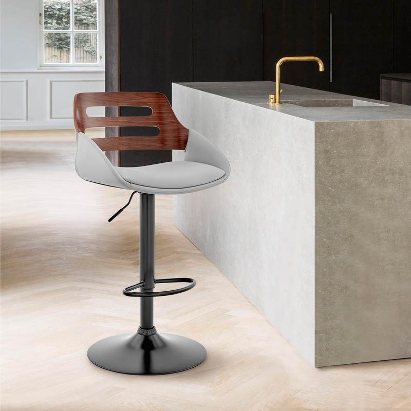 Gray Faux Leather and Walnut Wood Adjustable Bar Stool By Homeroots