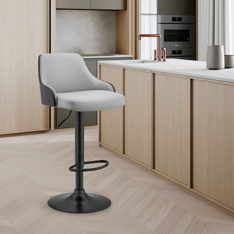 Gray Faux Leather Black Base Adjustable Modern Bar Stool By Homeroots