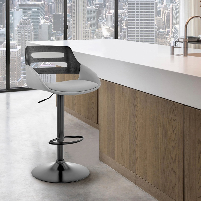 Gray Faux Leather & Black Wood Adjustable Bar Stool By Homeroots