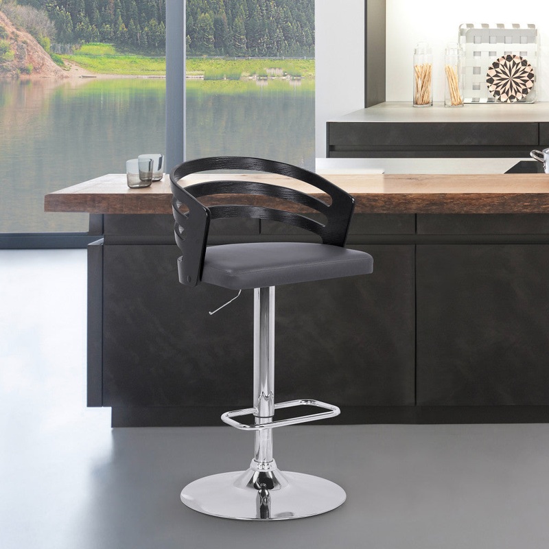 Gray Faux Leather Black Wood and Chrome Adjustable Swivel Bar Stool By Homeroots