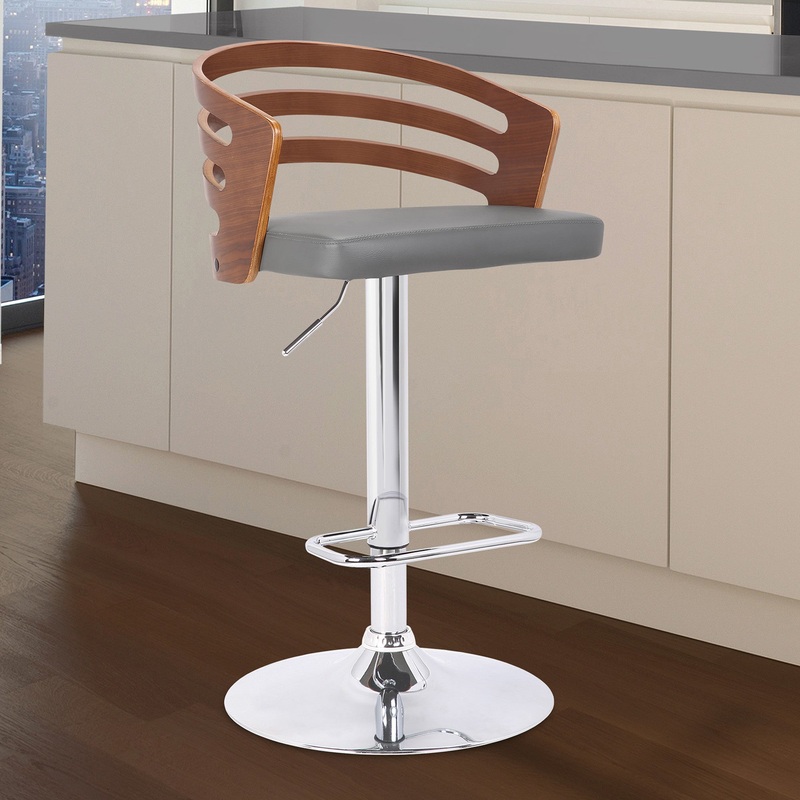 Gray Faux Leather Walnut Wood and Chrome Adjustable Swivel Bar Stool By Homeroots