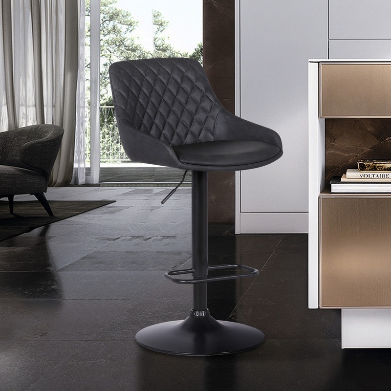 Grey Faux Leather and Black Metal Back Tufted Adjustable Bar Stool By Homeroots