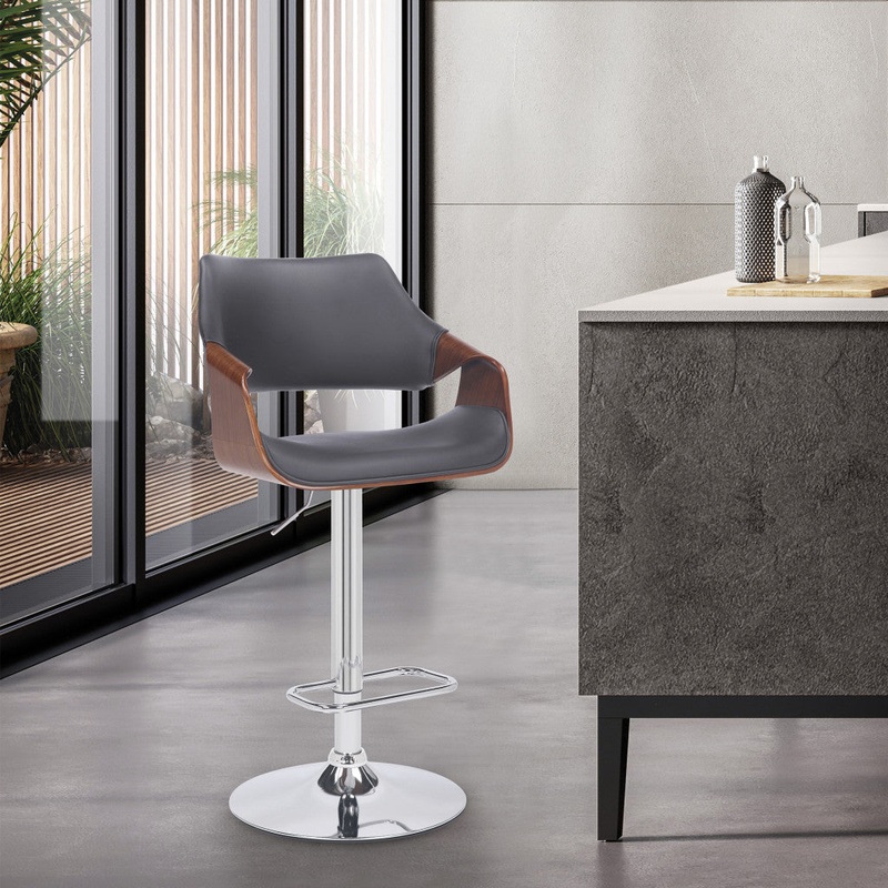 Grey Faux Leather and Walnut Wood and Chrome Swivel Adjustable Bar Stool By Homeroots