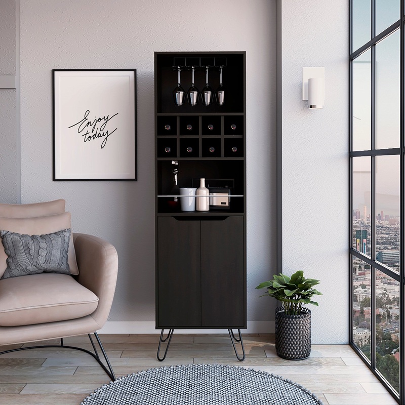 Black Tall Bar Cabinet with Two Door Panels and Top Wine Glass Rack By Homeroots