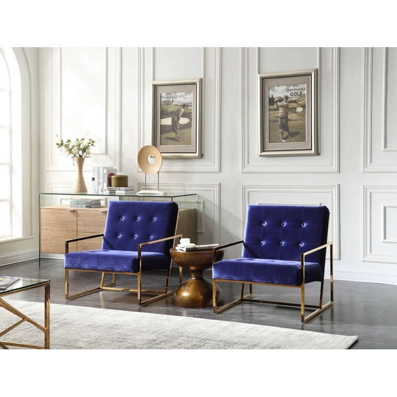 Stylish Blue and Gold Fabric Square Back Accent Chair By Homeroots