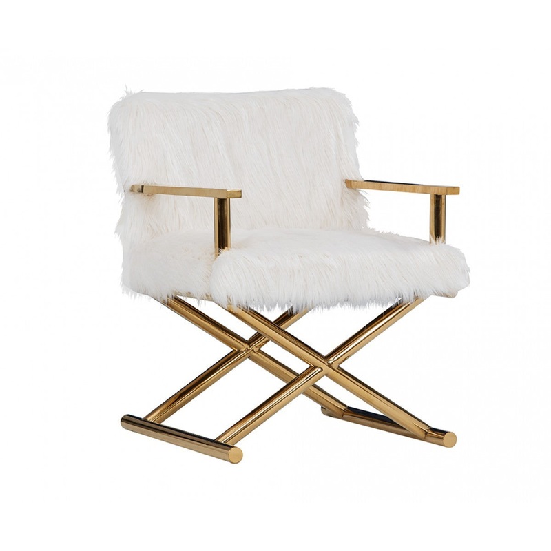 Stylish White Faux Fur And Gold Steel Chair By Homeroots