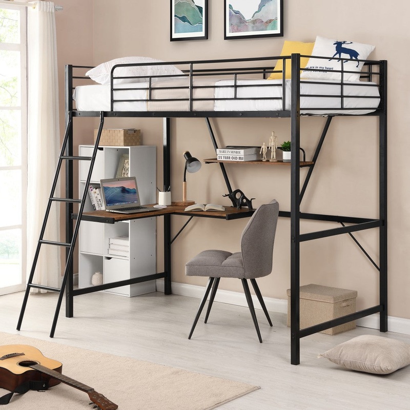 Black Metal Loft Bed With L Shaped Desk And Shelf By Homeroots