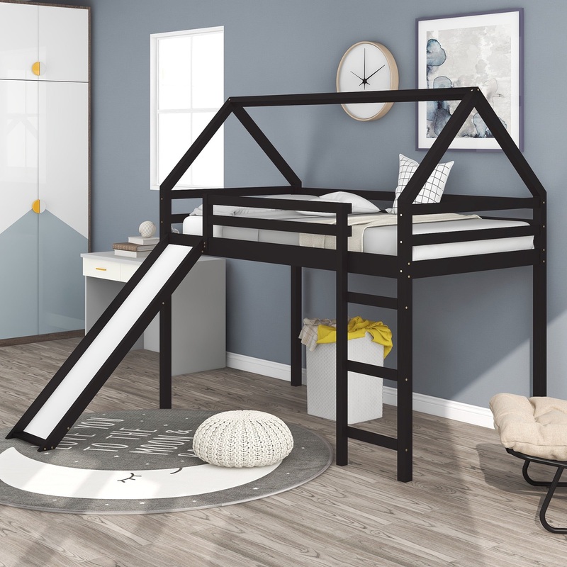 Brown Twin Size Slide House Loft Bed By Homeroots
