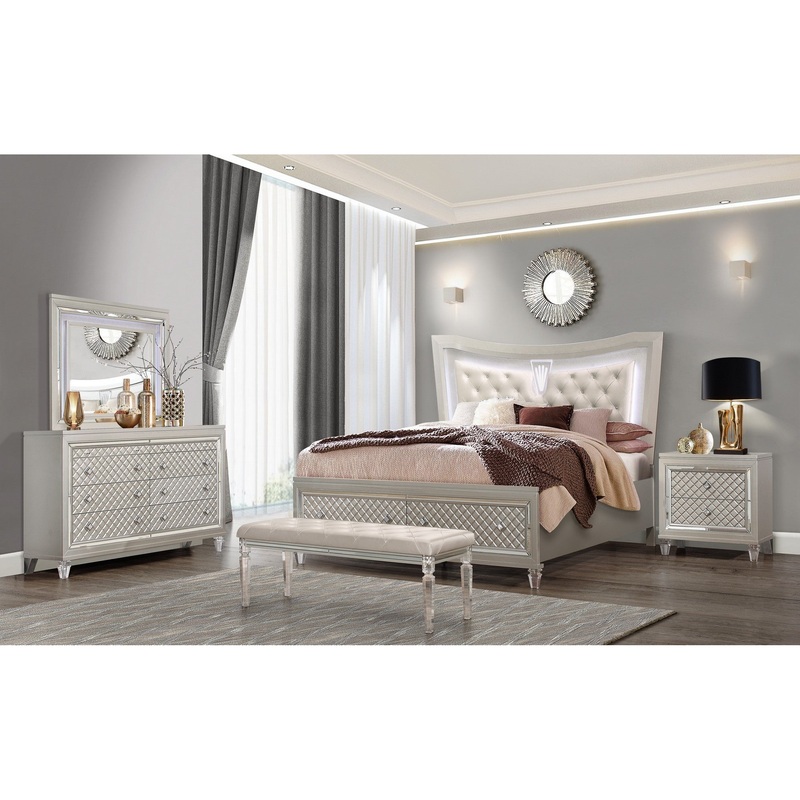 Champagne Tone Queen Bed With Padded Headboard Led Lightning 2 Drawer By Homeroots