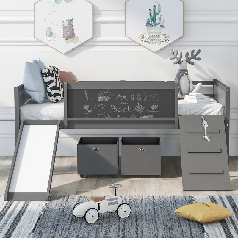 Climbing Frame Gray Twin Size Loft Bed With Slide And Storage Boxes By Homeroots