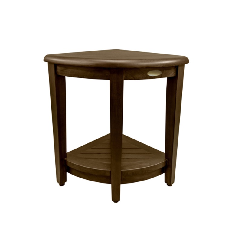 Curvilinear Dark Brown Teak 18" Corner Shower Bench With Shelf By Homeroots - 383307