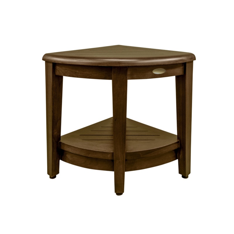 Curvilinear Dark Brown Teak 18" Corner Shower Bench With Shelf By Homeroots - 383308