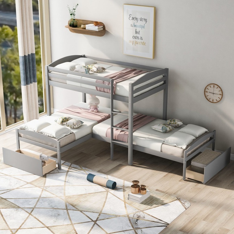 Gray L Shaped Triple Bunk Bed With Drawers By Homeroots