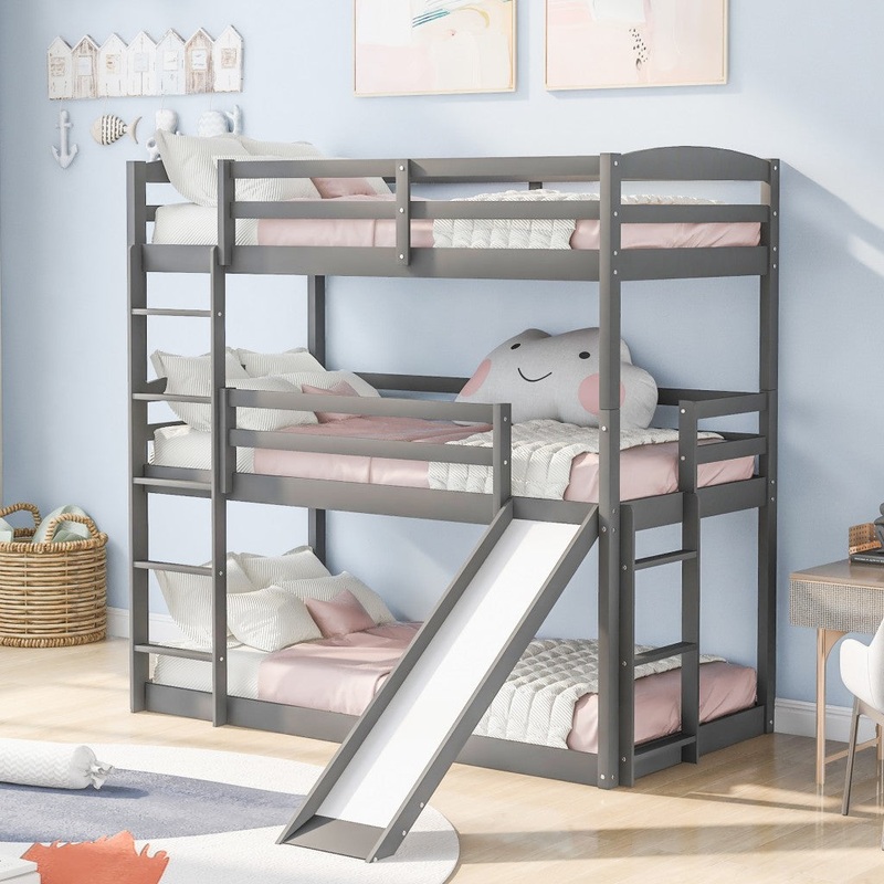 Gray Triple Bunk Twin Sized Bed With Slide By Homeroots