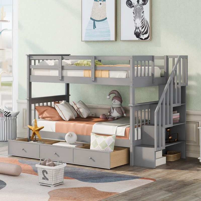 Gray Twin Over Twin Bunk Bed With Stairway And Drawers By Homeroots