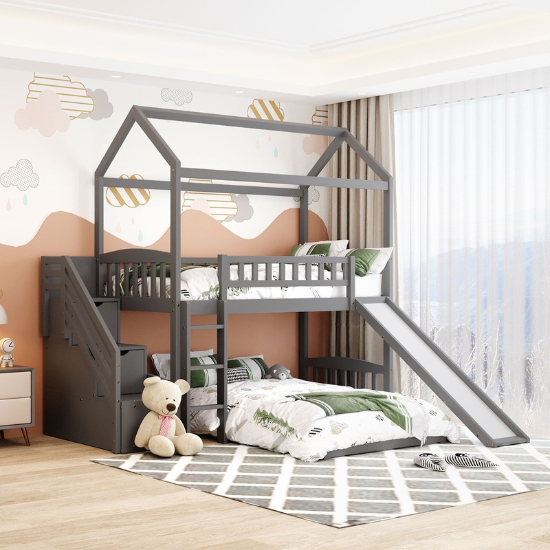 Gray Twin Over Twin Playhouse Perpendicular Bunk Bed With Slide By Homeroots