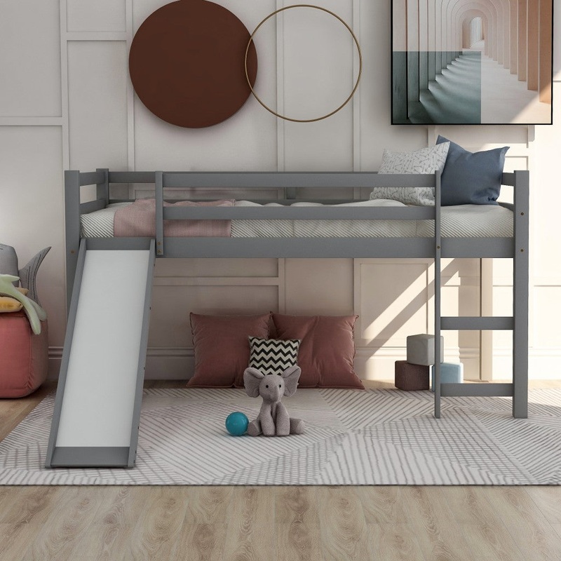 Gray Twin Size Low Loft Bed With Slide By Homeroots - 404078