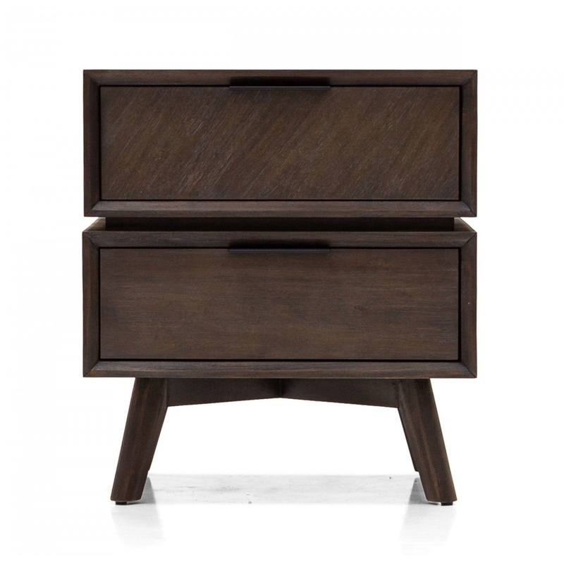 Mid Century Acacia Nightstand With Two Drawers And Black Metal Handles By Homeroots