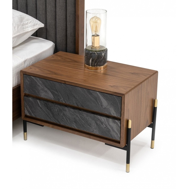 Mid Century Walnut And Gray Faux Marble Two Drawer Nightstand By Homeroots