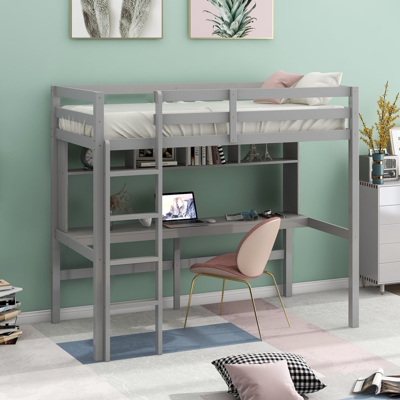 Minimalist Gray Twin Size Loft Bed With Built In Desk And Shelf By Homeroots