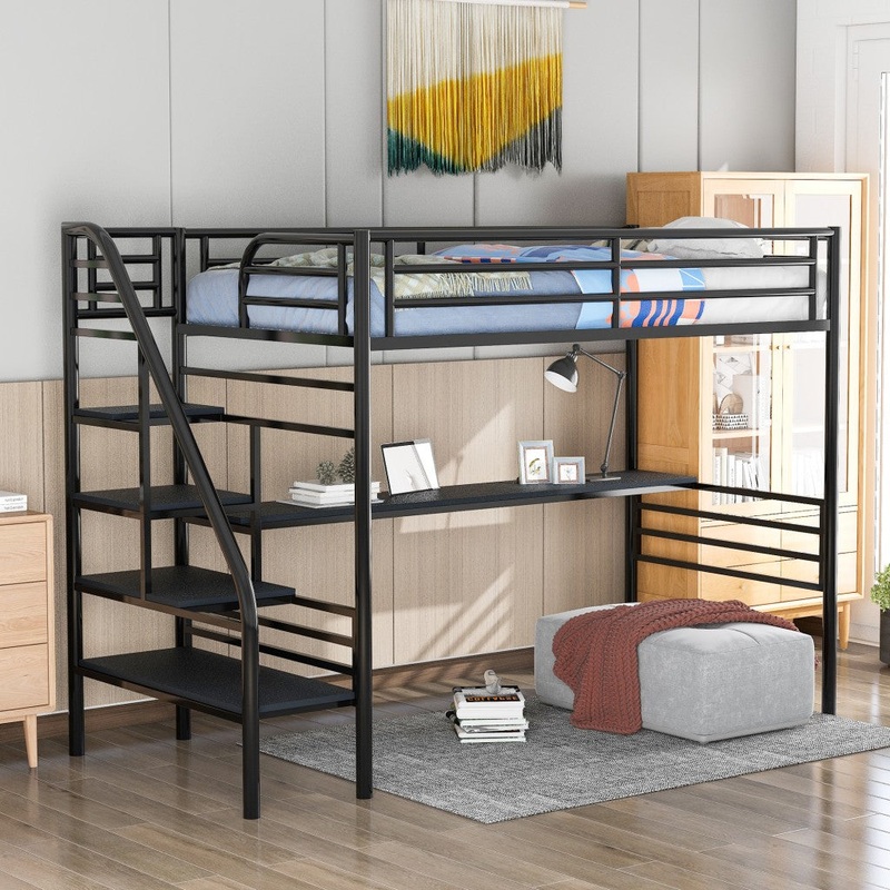 Mod Black Twin Size Metal Loft Bed With Desk And Stairs By Homeroots