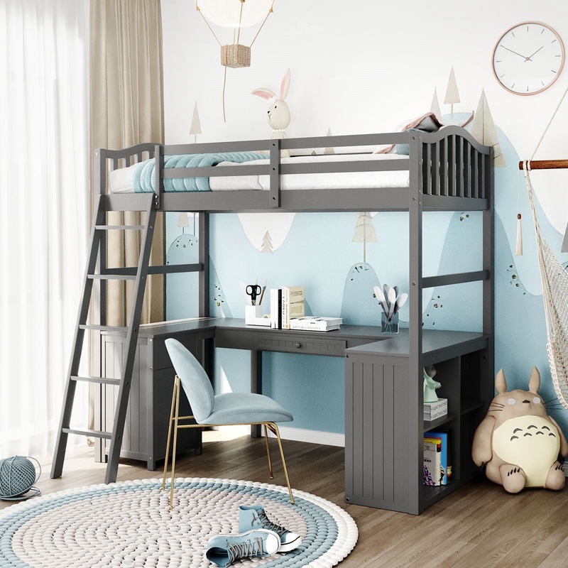 Modern Classic Gray Twin Loft Bed With Book Shelf Desk And Cabinet By Homeroots