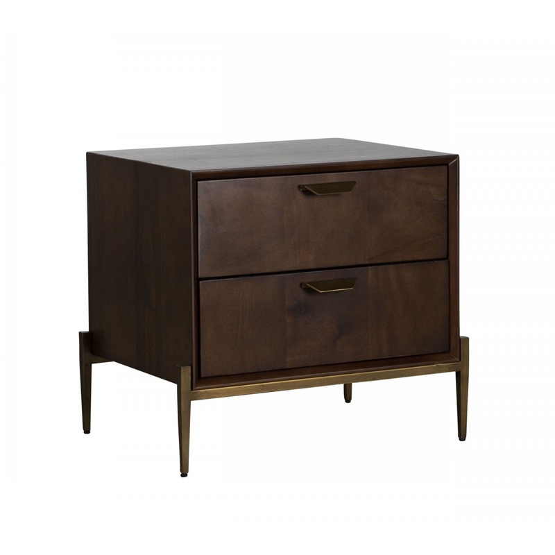 Modern Dark Mango Acacia And Brass Nightstand With Two Drawers By Homeroots