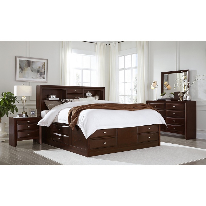 New Merlot Veneer Full Bed With Bookcase Headboard 10 Drawers By Homeroots