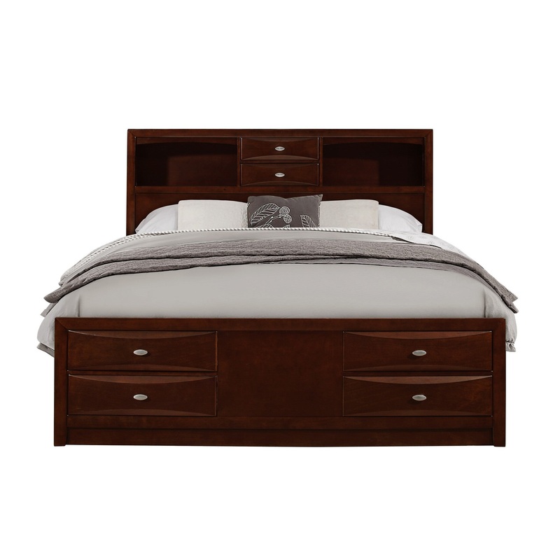 New Merlot Veneer Queen Bed With Bookcase Headboard 10 Drawers By Homeroots