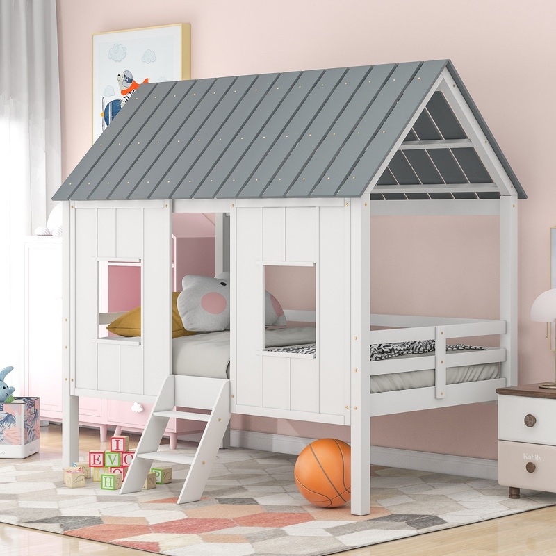 Playhouse With Windows And Roof White Twin Size Low Loft Bed By Homeroots